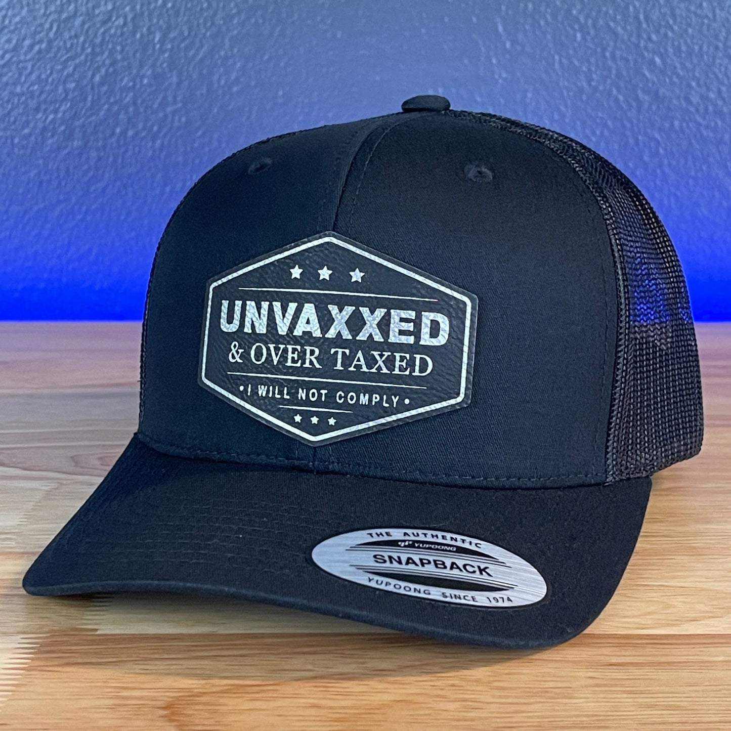 UNVAXXED & OVER TAXED Leather Patch Hat Black/Silver - Hollow Point Society - Patch Hat