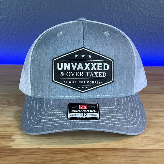 UNVAXXED & OVER TAXED Leather Patch Hat Black/Silver - Hollow Point Society - Patch Hat