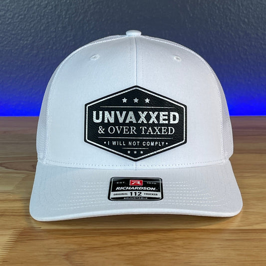 UNVAXXED & OVER TAXED Leather Patch Hat Black/Silver - Hollow Point Society - Patch Hat