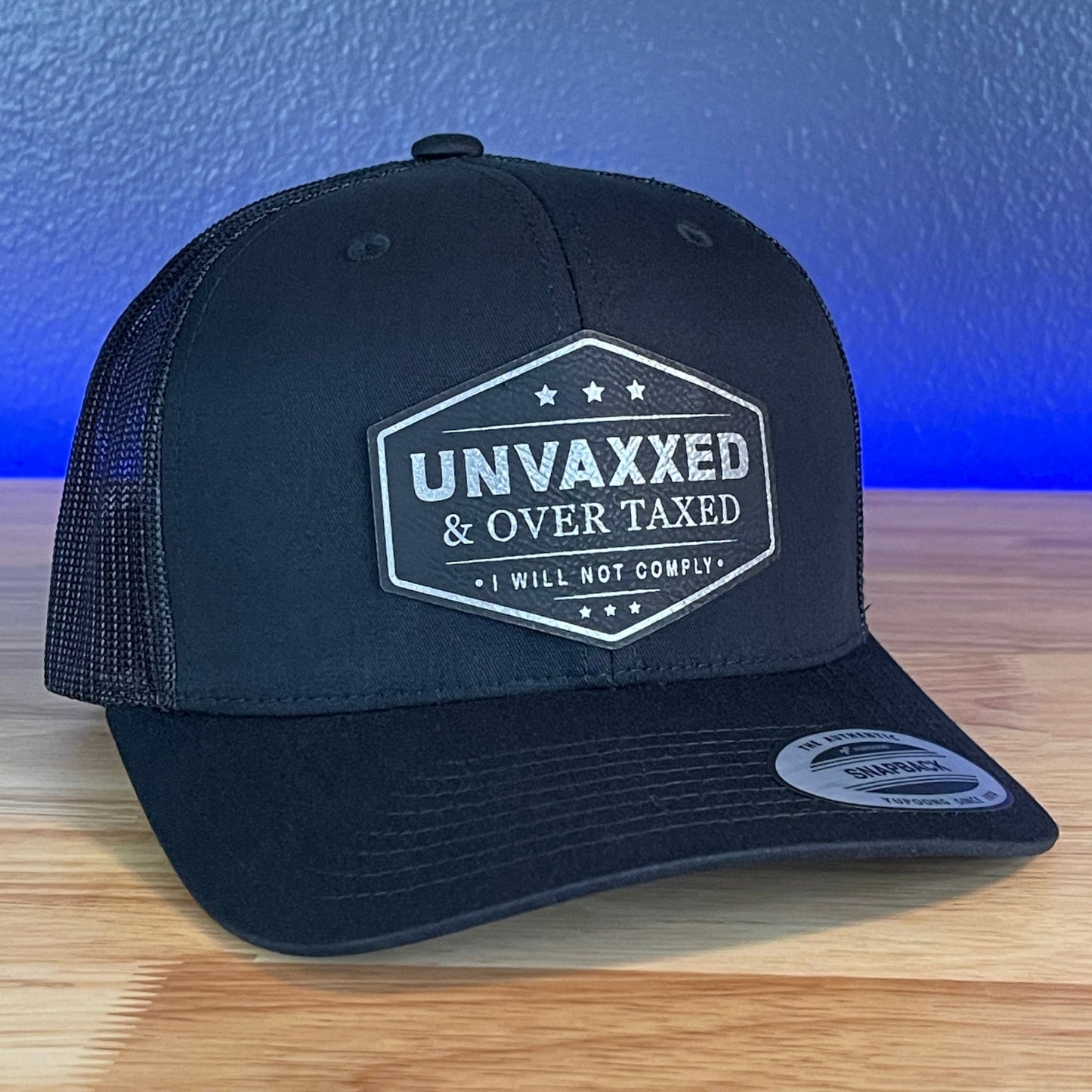 UNVAXXED & OVER TAXED Leather Patch Hat Black/Silver - Hollow Point Society - Patch Hat