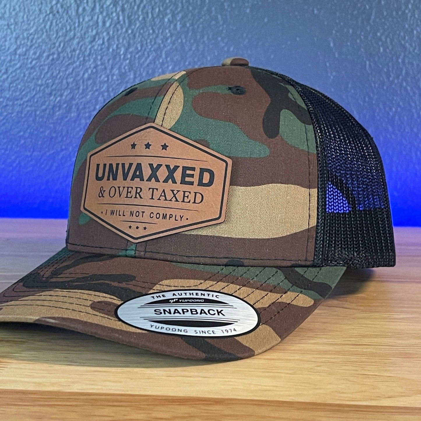 UNVAXXED & OVER TAXED Leather Patch Hat Camo/Black Rawhide - Hollow Point Society - Patch Hat