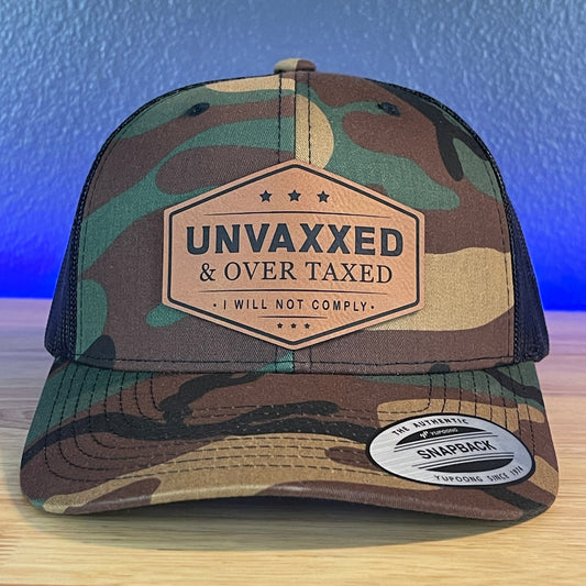 UNVAXXED & OVER TAXED Leather Patch Hat Camo/Black Rawhide - Hollow Point Society - Patch Hat