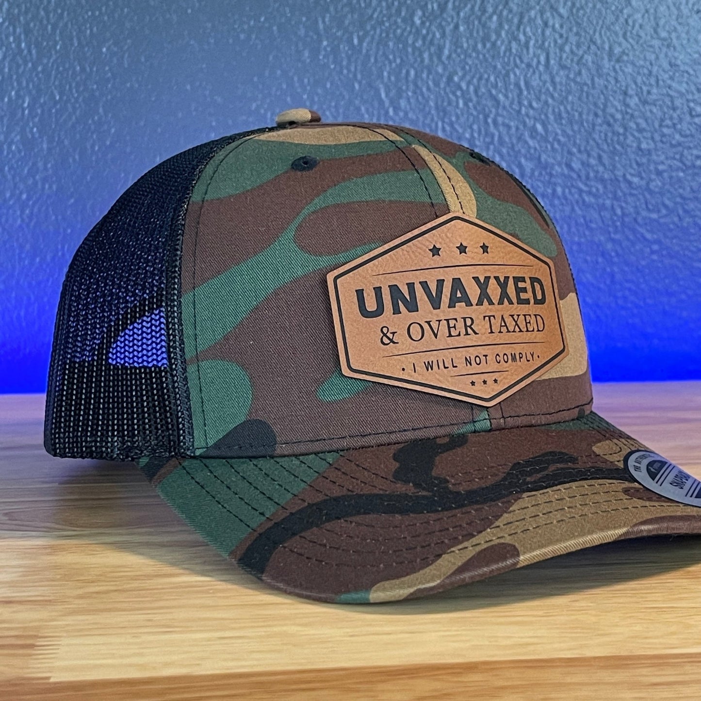 UNVAXXED & OVER TAXED Leather Patch Hat Camo/Black Rawhide - Hollow Point Society - Patch Hat