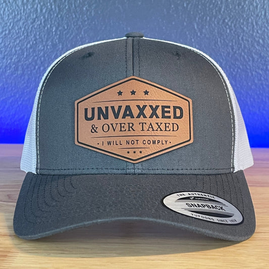 UNVAXXED & OVER TAXED Leather Patch Hat Rawhide Charcoal/White - Hollow Point Society - Patch Hat