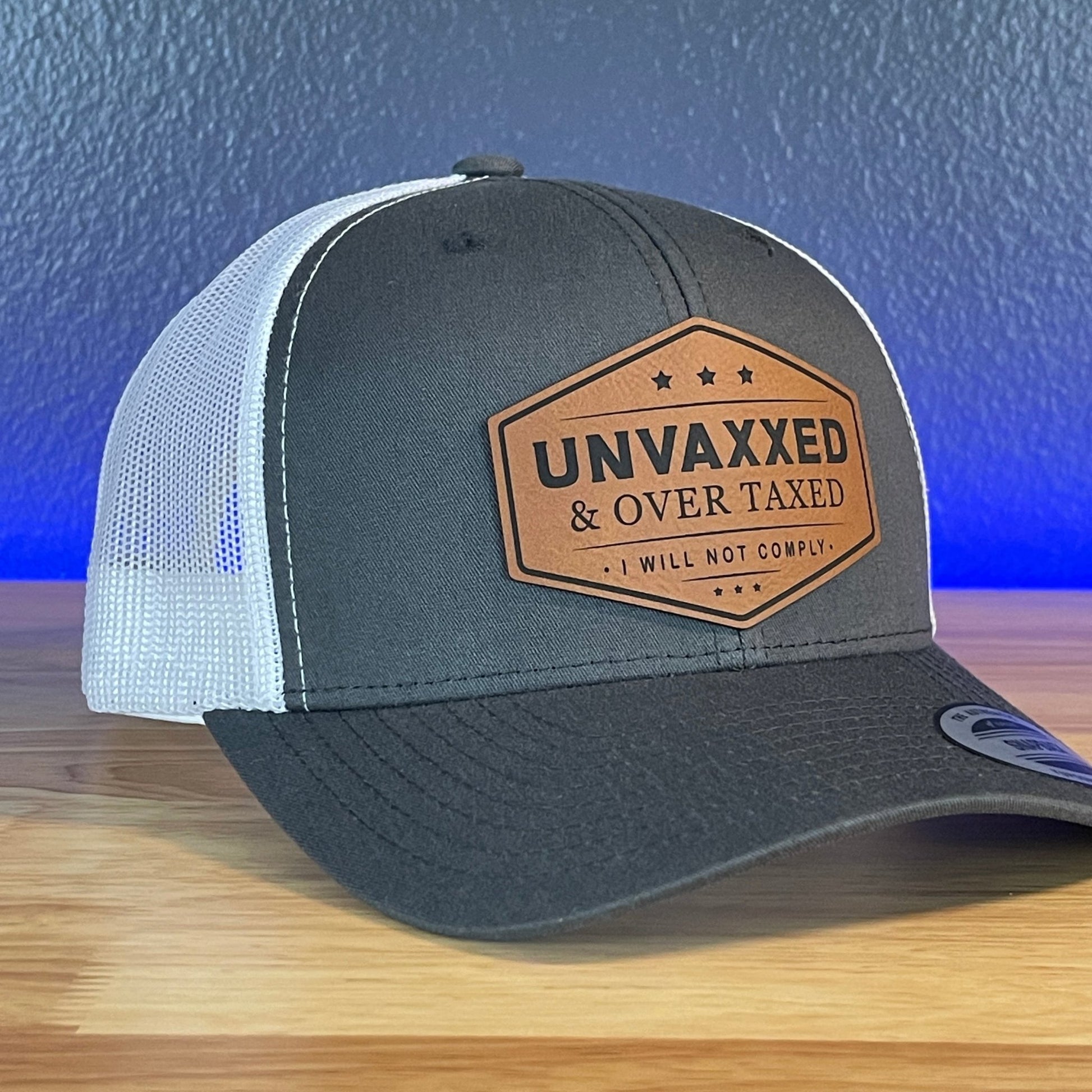 UNVAXXED & OVER TAXED Leather Patch Hat Rawhide Charcoal/White - Hollow Point Society - Patch Hat