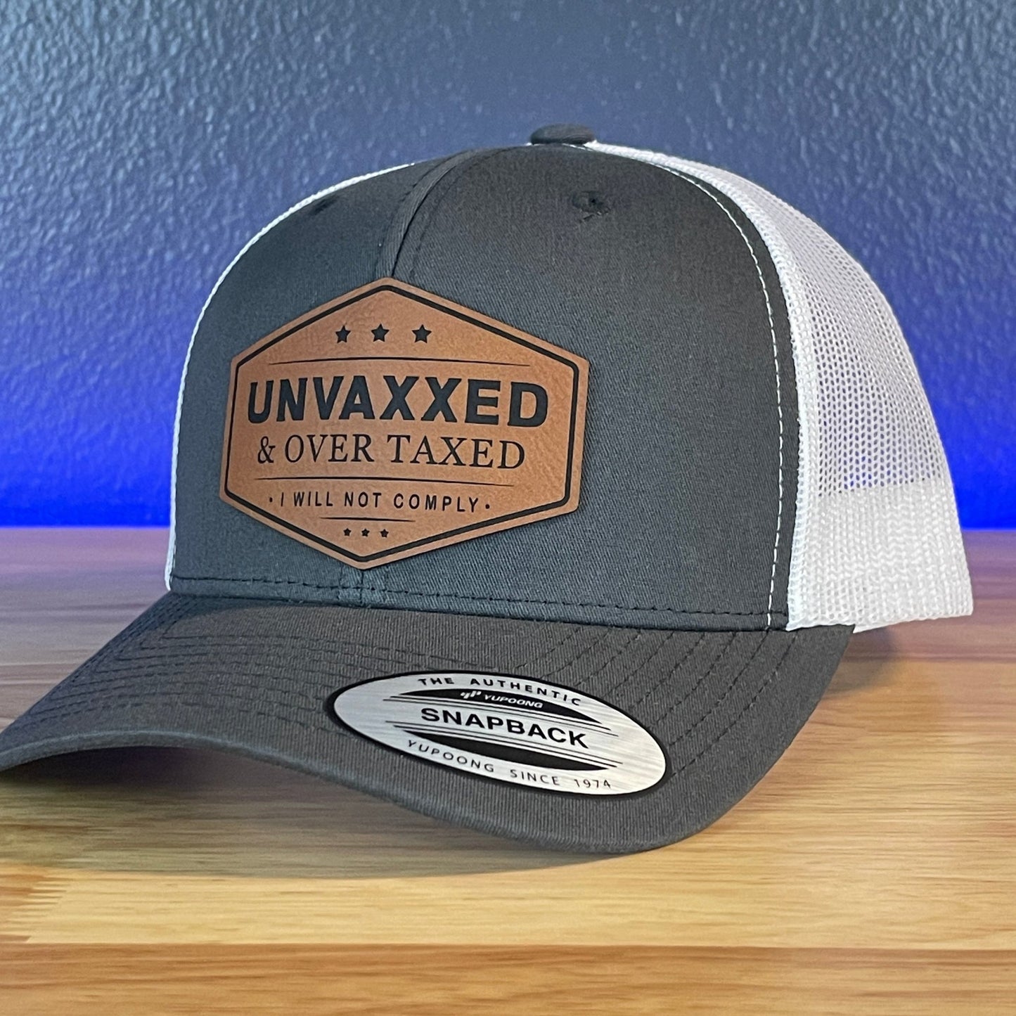 UNVAXXED & OVER TAXED Leather Patch Hat Rawhide Charcoal/White - Hollow Point Society - Patch Hat