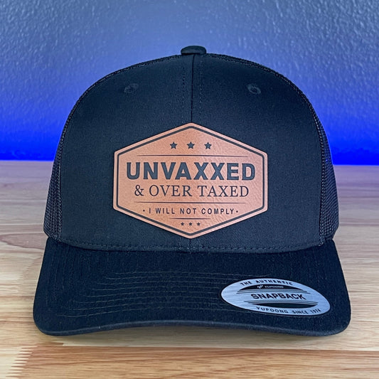 UNVAXXED & OVER TAXED Leather Patch SnapBack Trucker Hat Rawhide - Hollow Point Society - Patch Hat