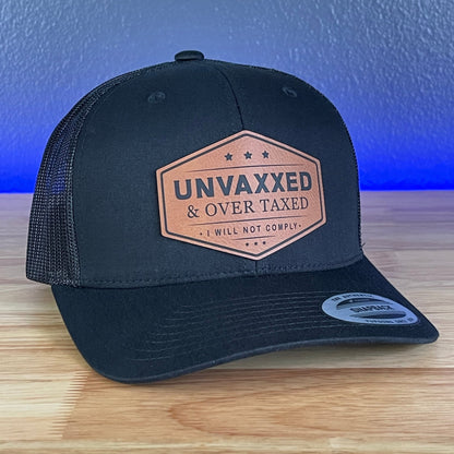 UNVAXXED & OVER TAXED Leather Patch SnapBack Trucker Hat Rawhide - Hollow Point Society - Patch Hat