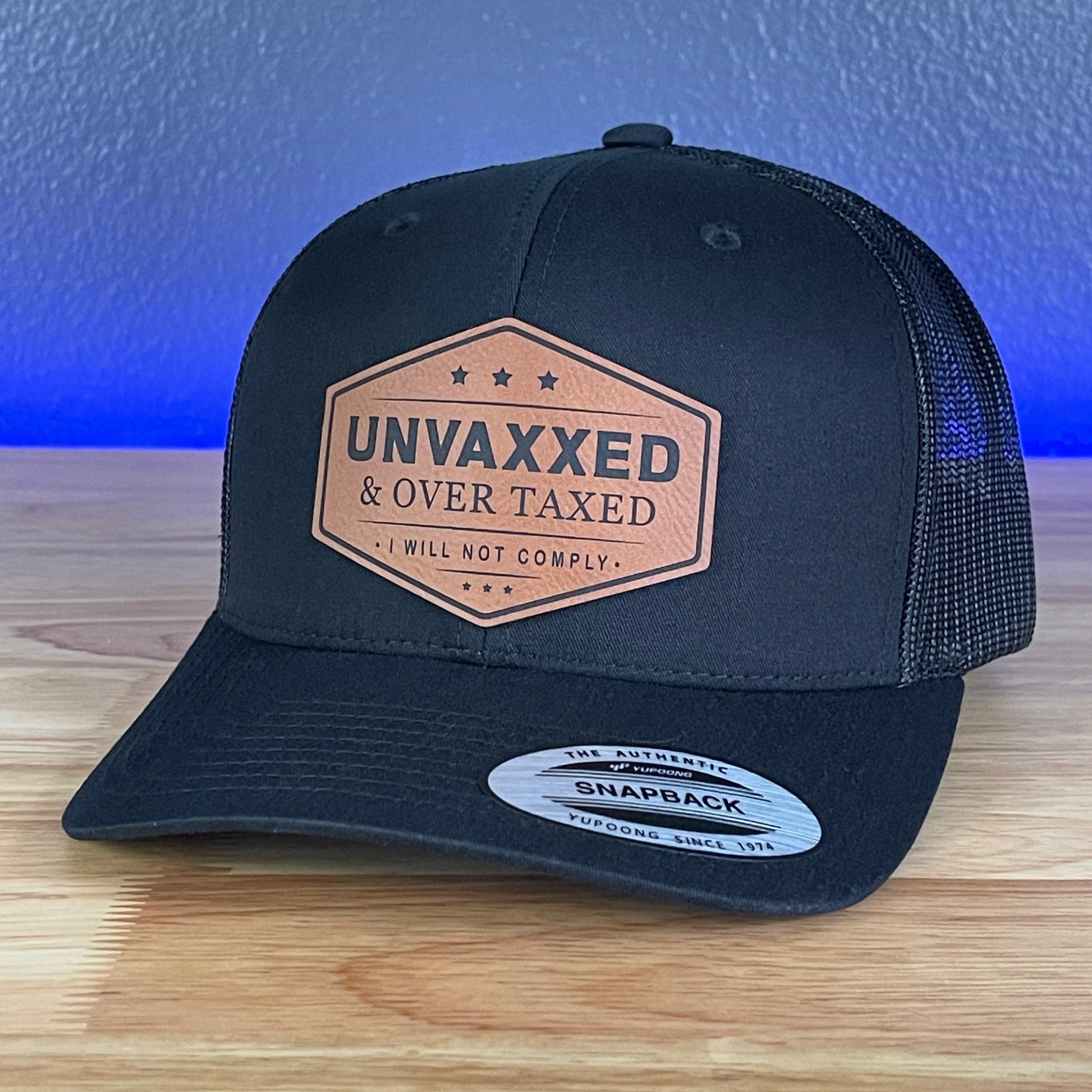 UNVAXXED & OVER TAXED Leather Patch SnapBack Trucker Hat Rawhide - Hollow Point Society - Patch Hat