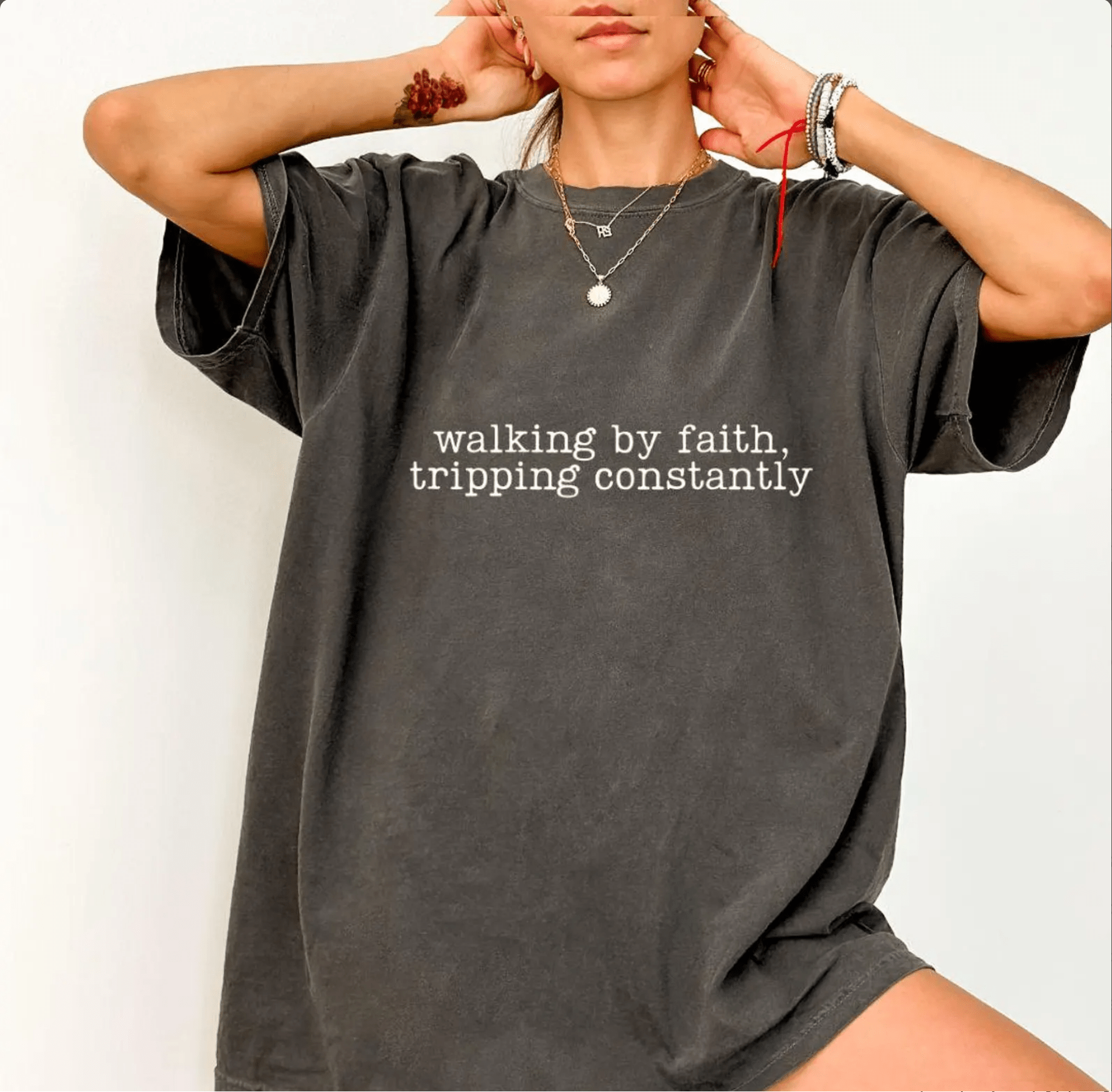 Walking by Faith Tripping Constantly Christian Faith Oversized T-Shirt - Hollow Point Society - T-Shirt