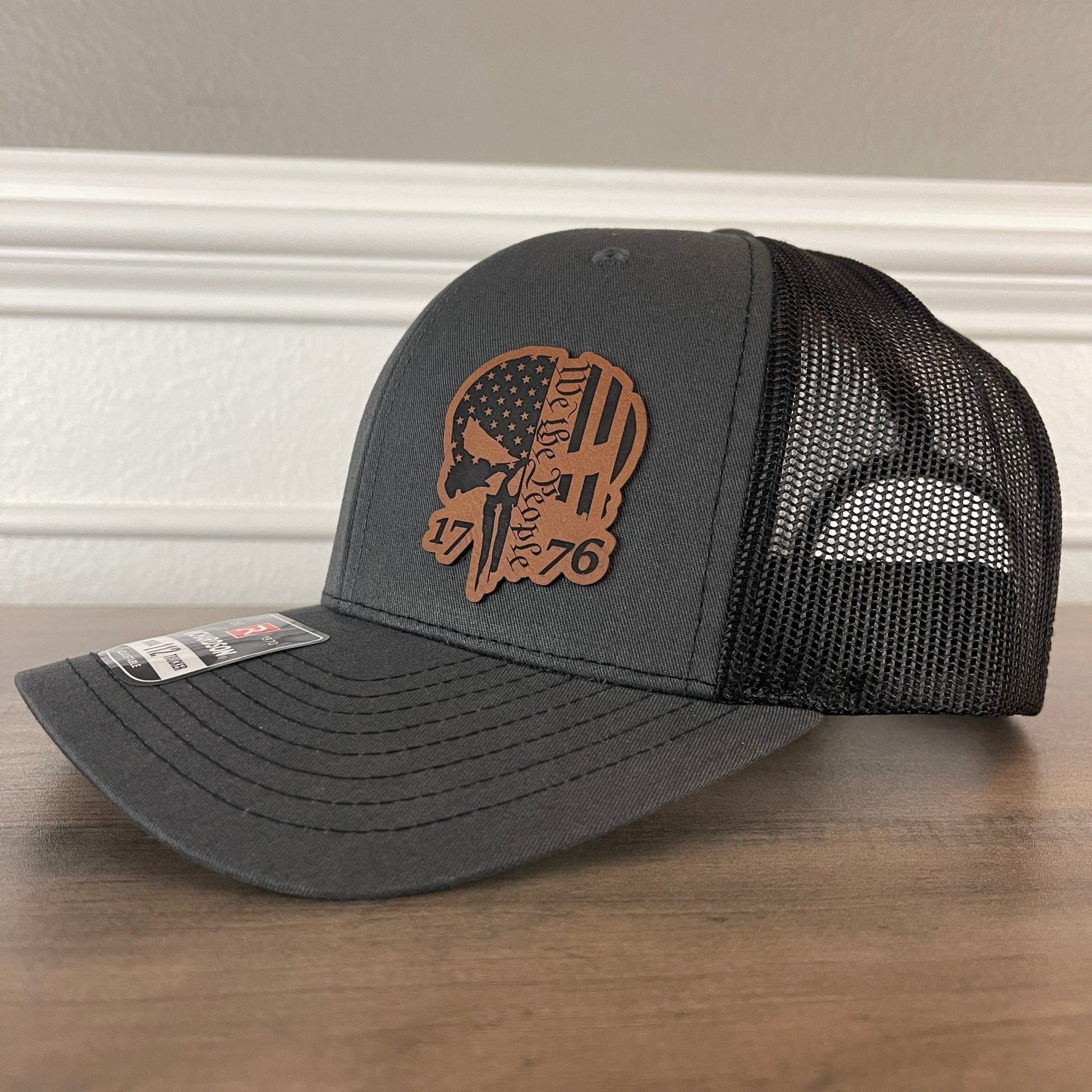 We The People 1776 Punisher Skull Charcoal Leather Patch Hat - Hollow Point Society - Patch Hat