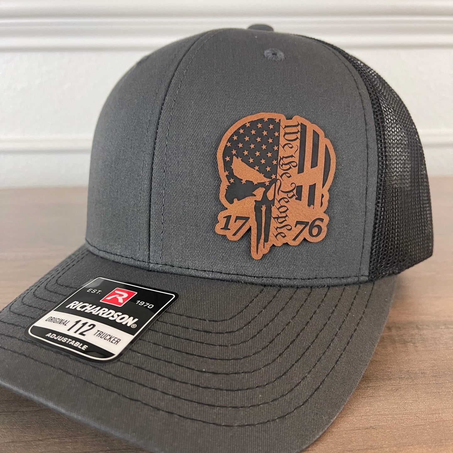 We The People 1776 Punisher Skull Charcoal Leather Patch Hat - Hollow Point Society - Patch Hat