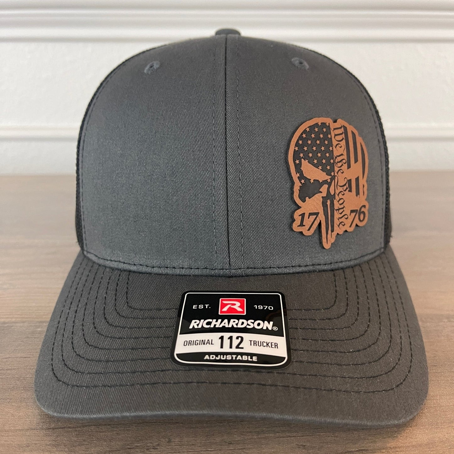 We The People 1776 Punisher Skull Charcoal Leather Patch Hat - Hollow Point Society - Patch Hat