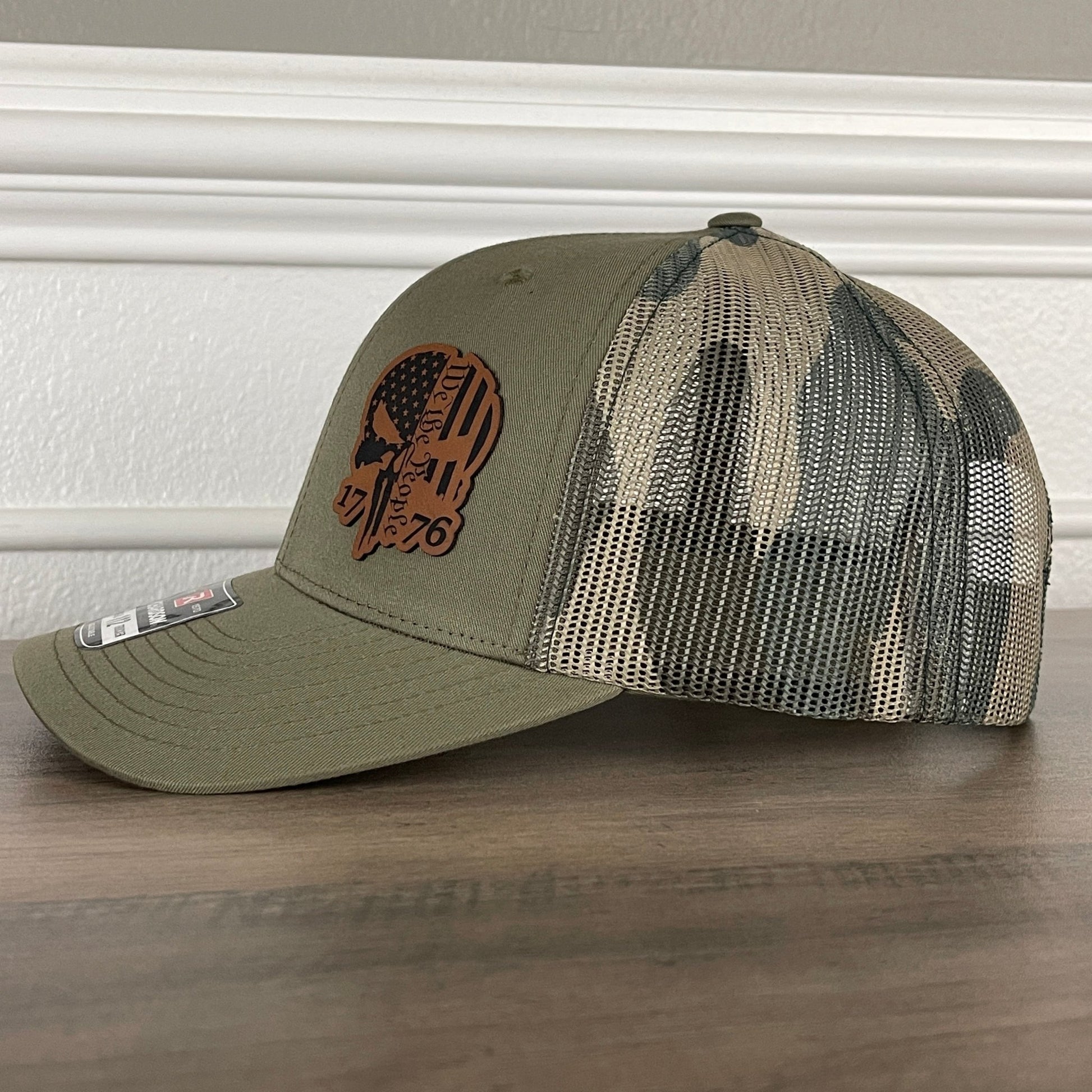 We The People 1776 Punisher Skull Flag Patriotic Leather Patch Hat Green/Camo - Hollow Point Society - Patch Hat