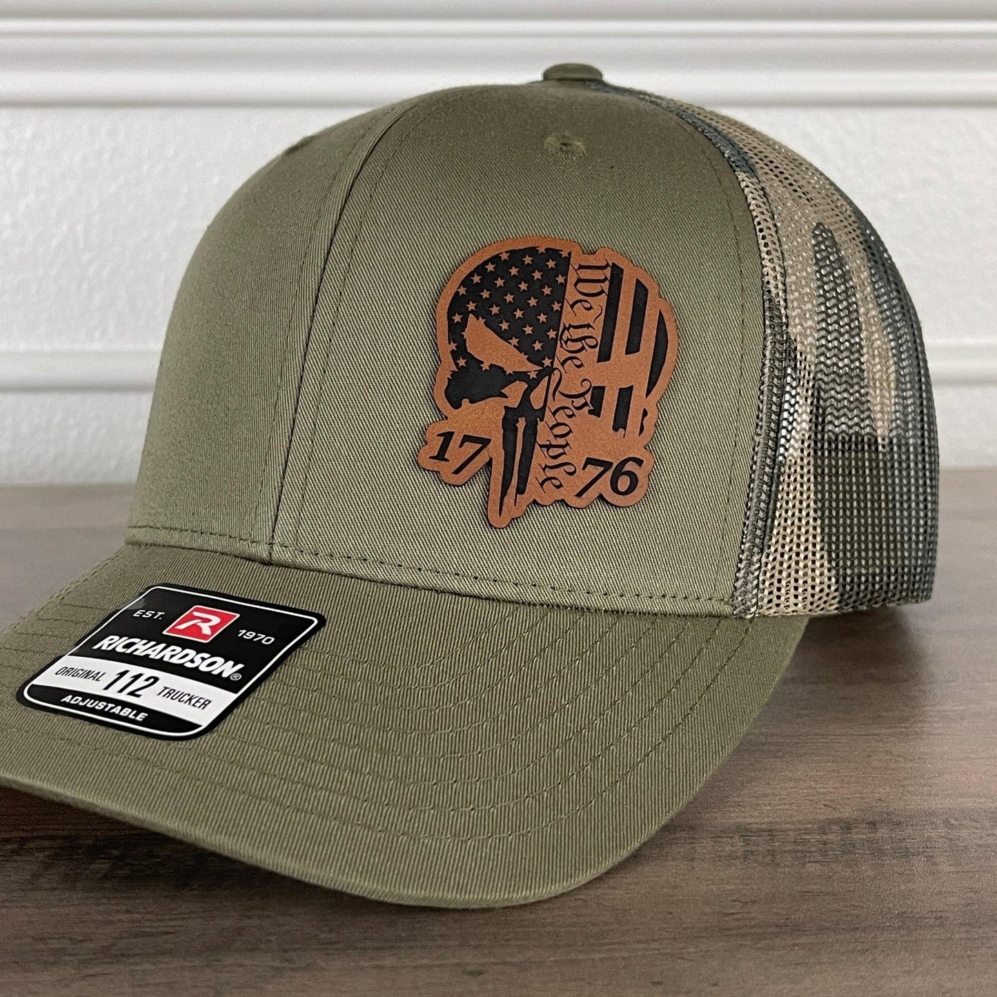 We The People 1776 Punisher Skull Flag Patriotic Leather Patch Hat Green/Camo - Hollow Point Society - Patch Hat