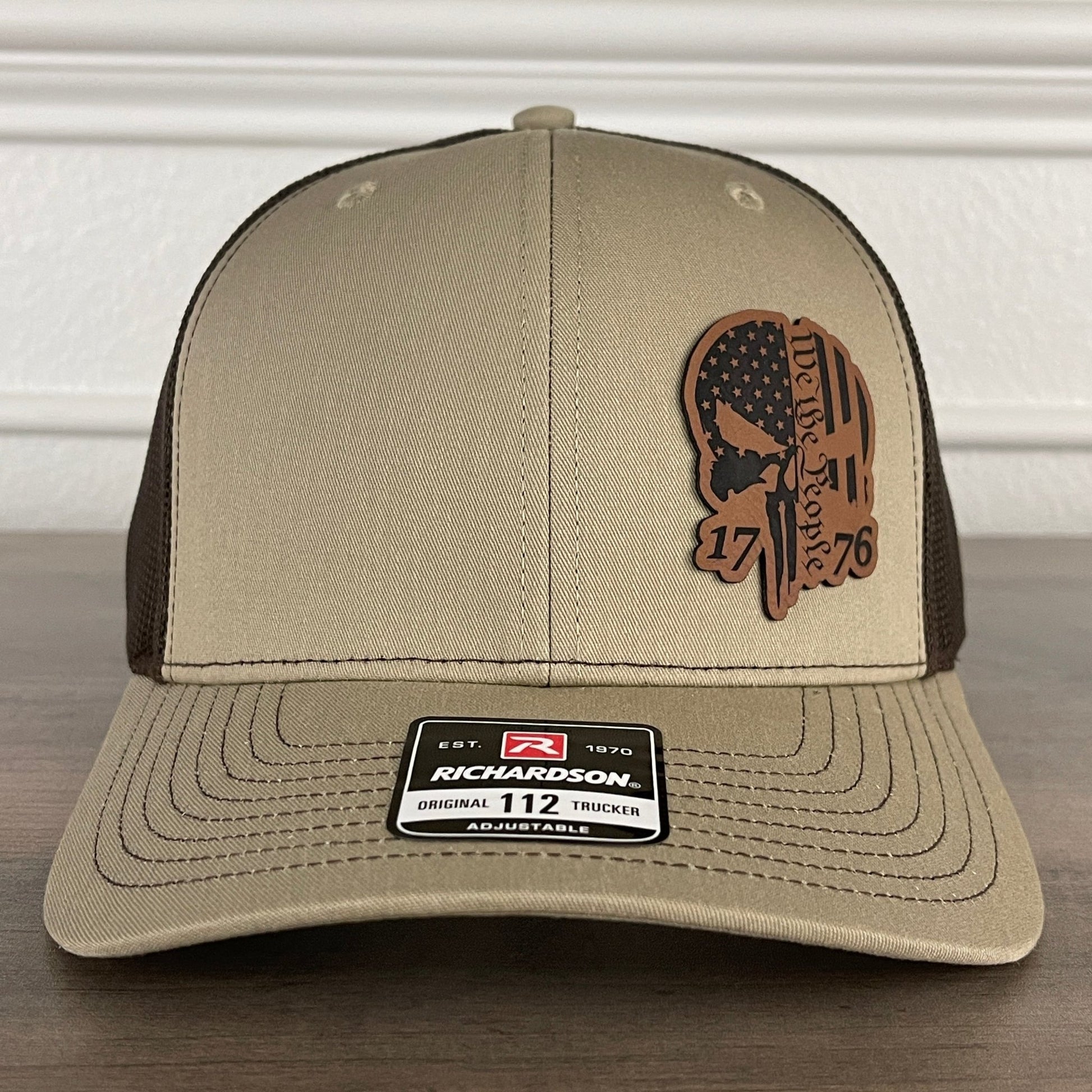 We The People 1776 Punisher Skull Patriotic Side Leather Patch Hat Khaki/Brown - Hollow Point Society - Patch Hat