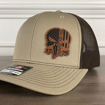 We The People 1776 Punisher Skull Patriotic Side Leather Patch Hat Khaki/Brown - Hollow Point Society - Patch Hat