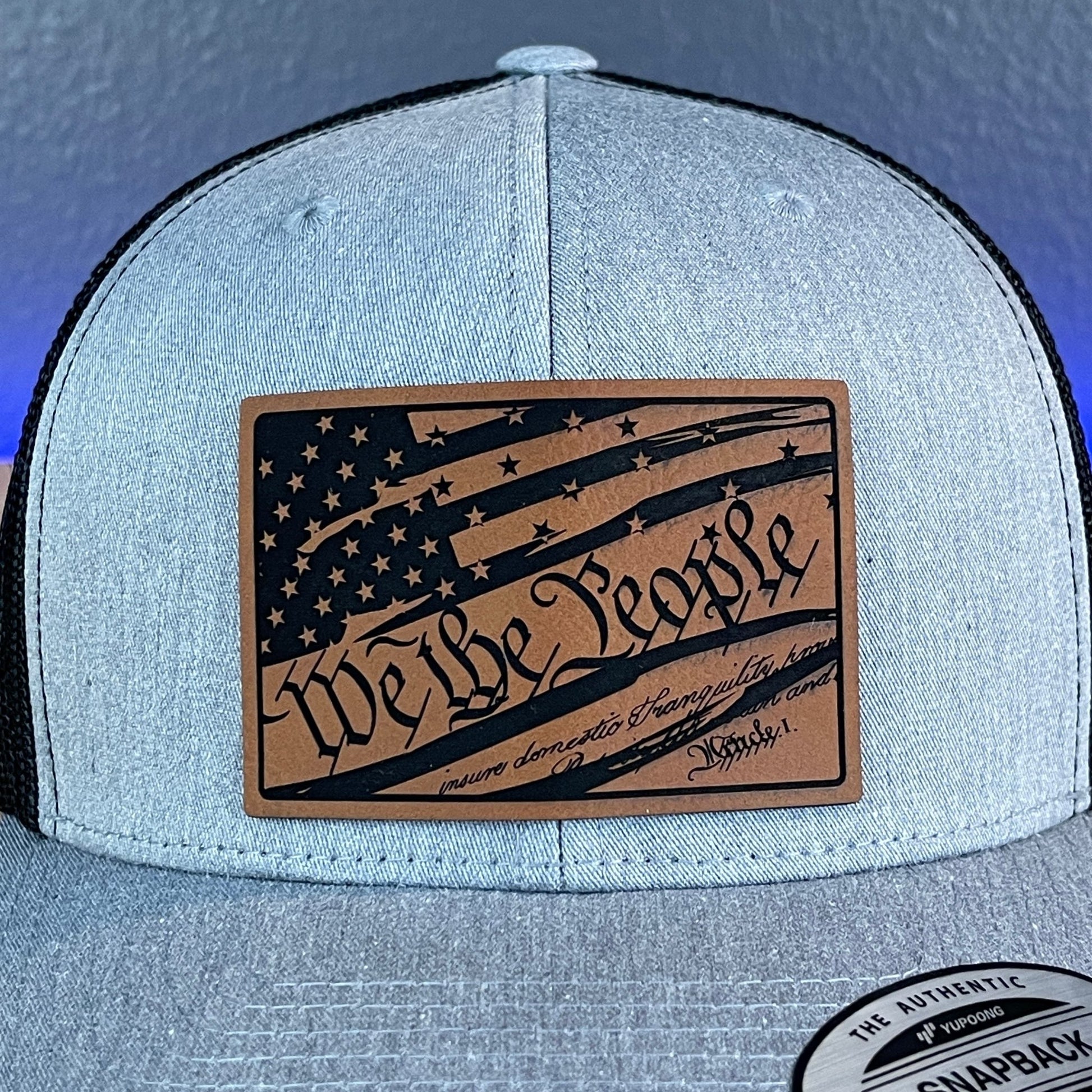 We The People American Flag Constitution Patriotic SnapBack Trucker Rawhide Leather Patch Hat Heather Grey/Black - Hollow Point Society - Patch Hat