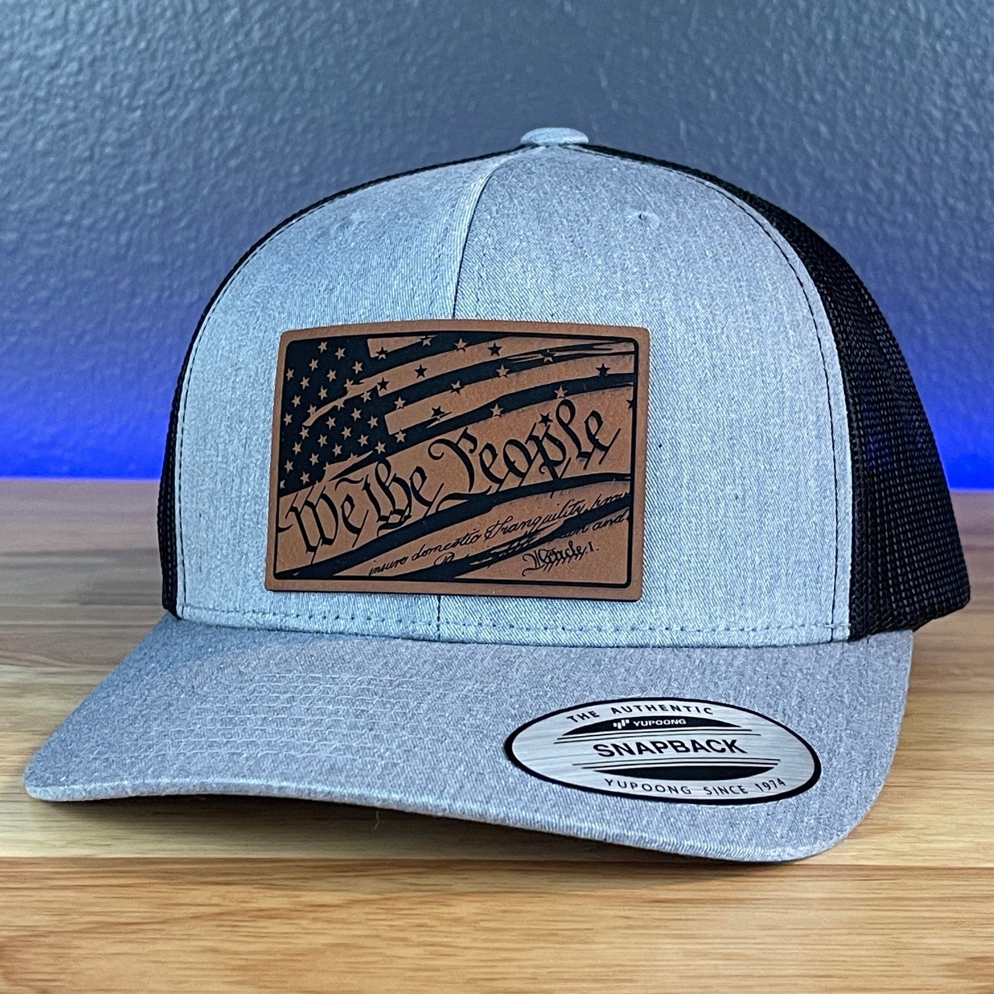 We The People American Flag Constitution Patriotic SnapBack Trucker Rawhide Leather Patch Hat Heather Grey/Black - Hollow Point Society - Patch Hat