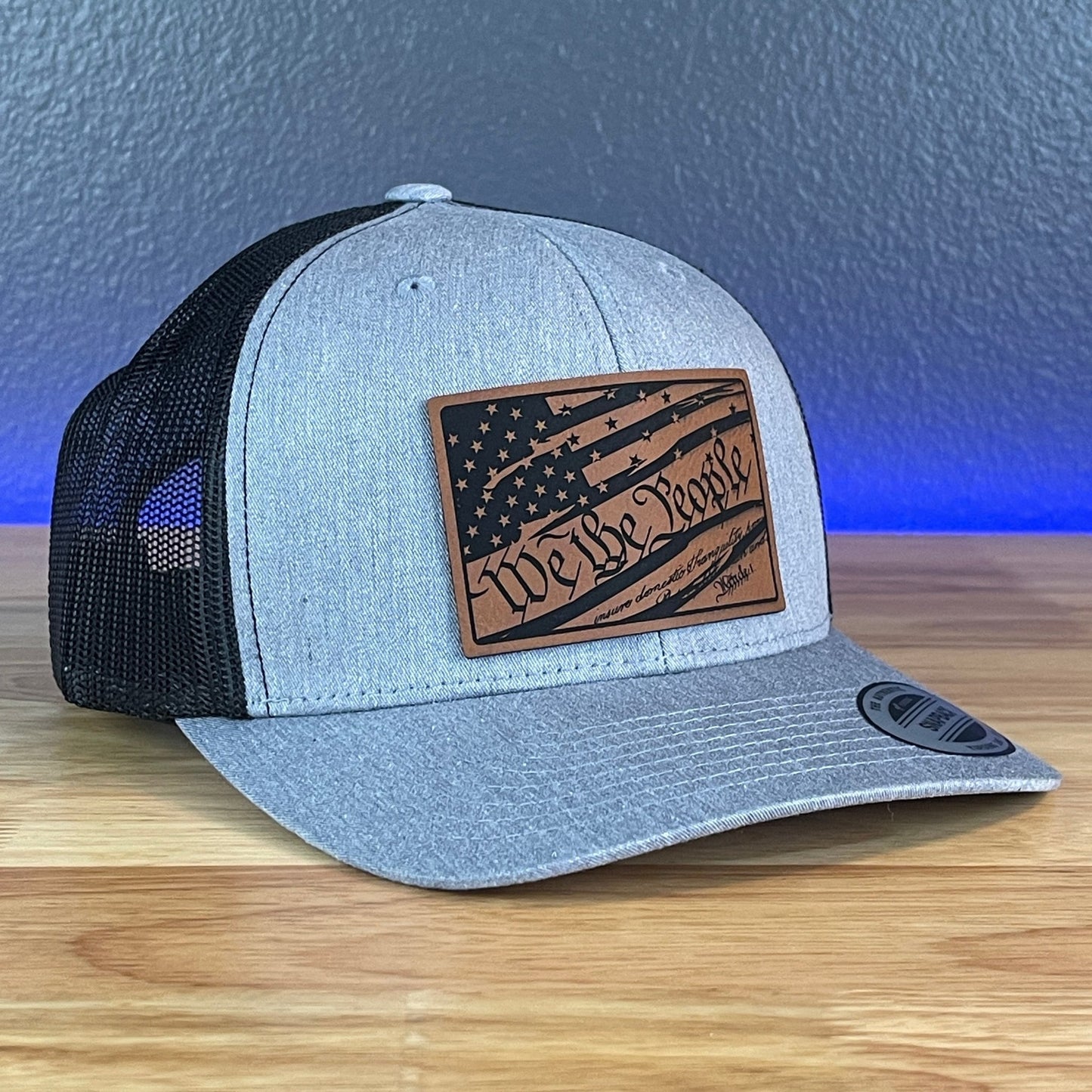 We The People American Flag Constitution Patriotic SnapBack Trucker Rawhide Leather Patch Hat Heather Grey/Black - Hollow Point Society - Patch Hat