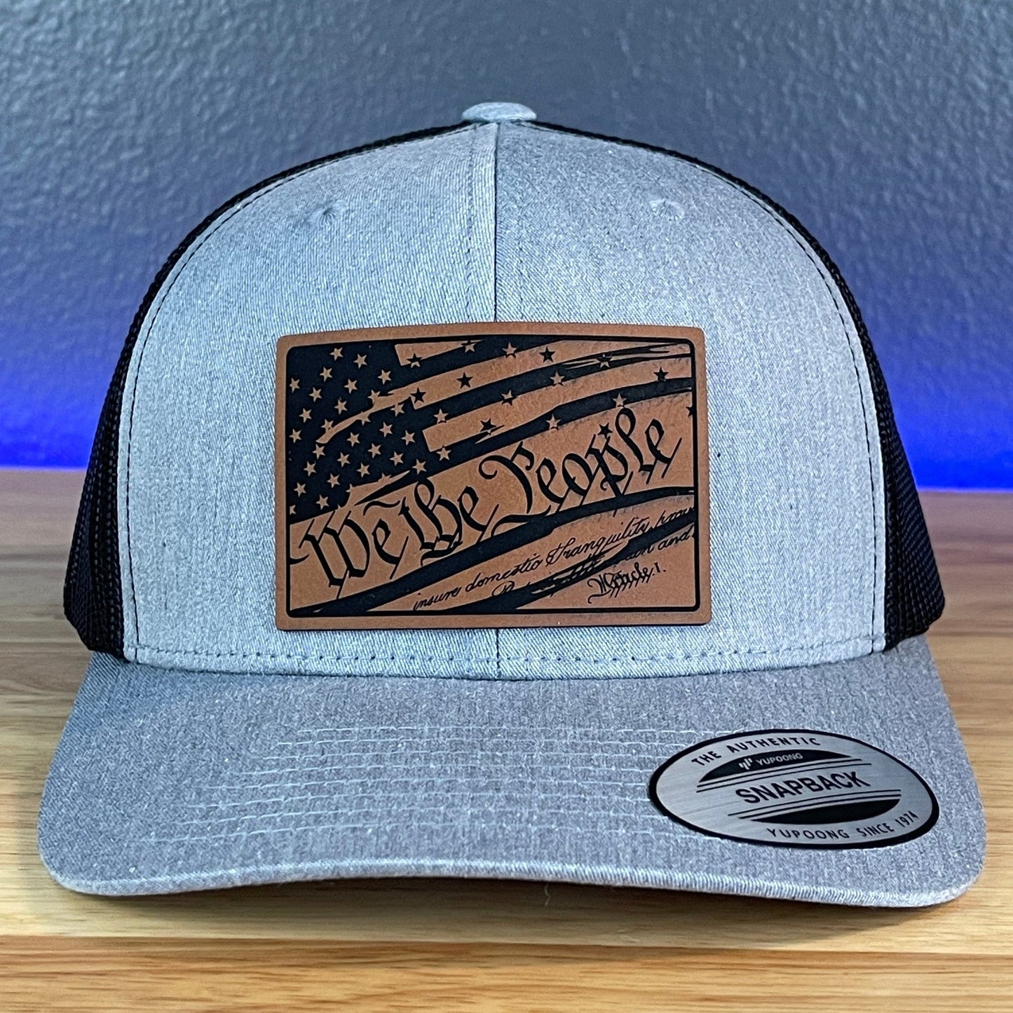 We The People American Flag Constitution Patriotic SnapBack Trucker Rawhide Leather Patch Hat Heather Grey/Black - Hollow Point Society - Patch Hat