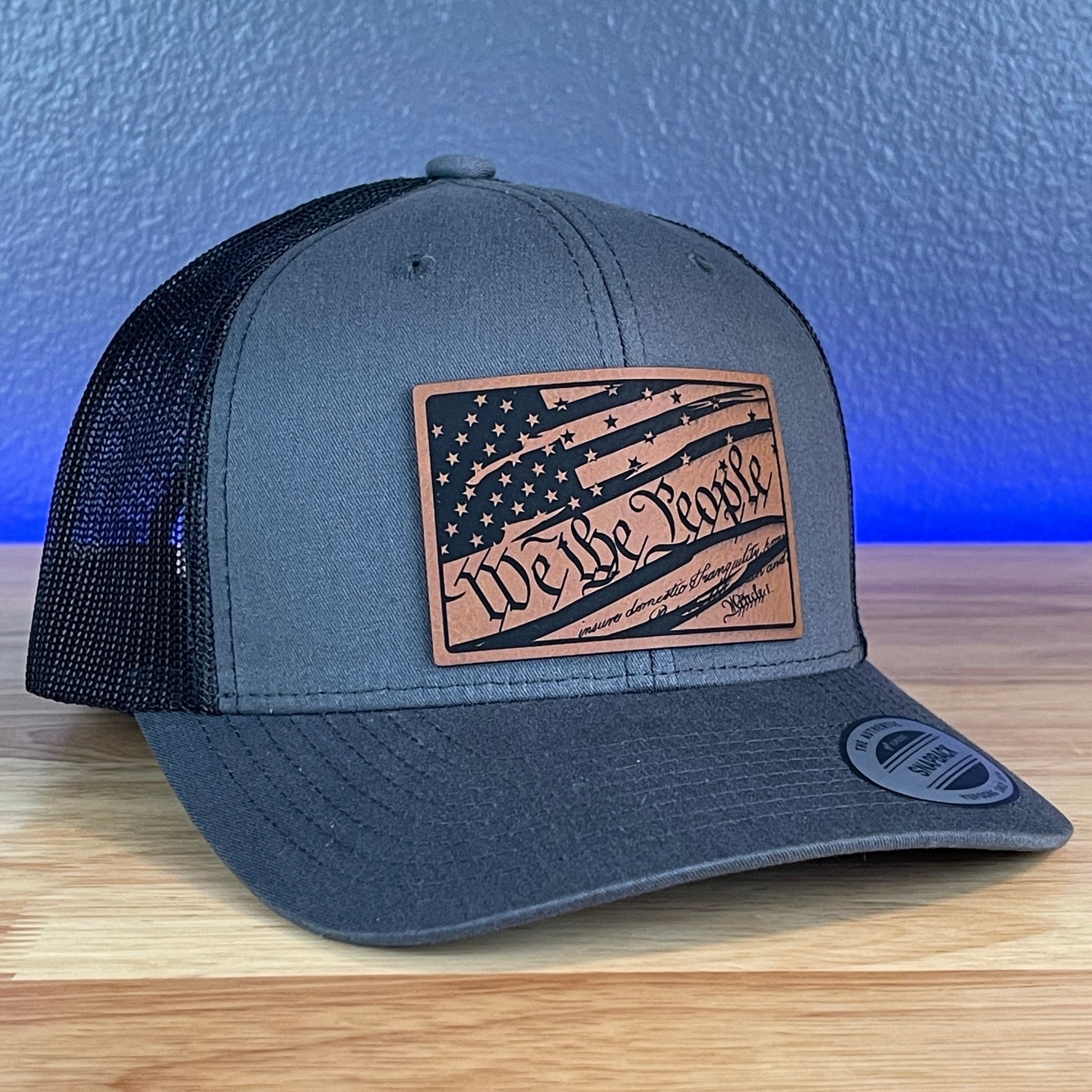 We The People American Flag Patriotic SnapBack Trucker Rawhide Leather Patch Hat Charcoal - Hollow Point Society - Patch Hat