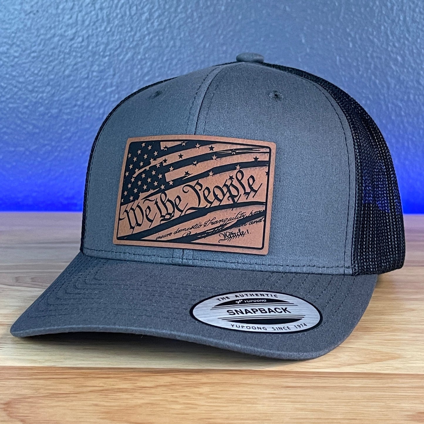 We The People American Flag Patriotic SnapBack Trucker Rawhide Leather Patch Hat Charcoal - Hollow Point Society - Patch Hat