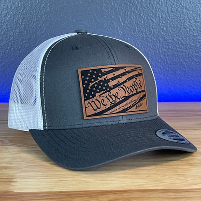 We The People American Flag Patriotic SnapBack Trucker Rawhide Leather Patch Hat Charcoal/White - Hollow Point Society - Patch Hat