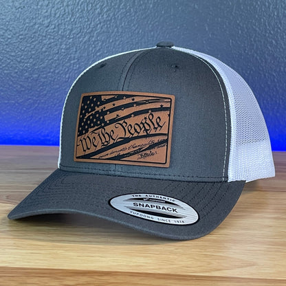 We The People American Flag Patriotic SnapBack Trucker Rawhide Leather Patch Hat Charcoal/White - Hollow Point Society - Patch Hat