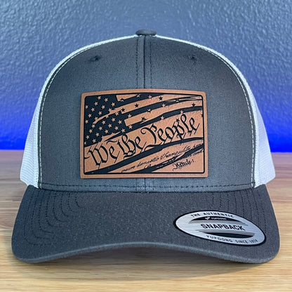 We The People American Flag Patriotic SnapBack Trucker Rawhide Leather Patch Hat Charcoal/White - Hollow Point Society - Patch Hat