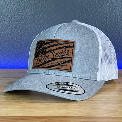 We The People Constitution American Flag Patriotic Leather Patch Richardson Original 112 - or - Yupoong Classics 6606 SnapBack Trucker Hat Heather Grey/White - Hollow Point Society - Patch Hat