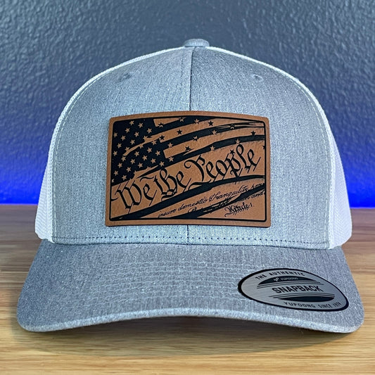 We The People Constitution American Flag Patriotic Leather Patch Richardson Original 112 - or - Yupoong Classics 6606 SnapBack Trucker Hat Heather Grey/White - Hollow Point Society - Patch Hat