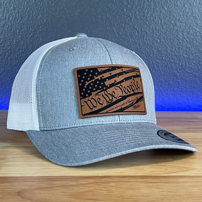 We The People Constitution American Flag Patriotic Leather Patch Richardson Original 112 - or - Yupoong Classics 6606 SnapBack Trucker Hat Heather Grey/White - Hollow Point Society - Patch Hat