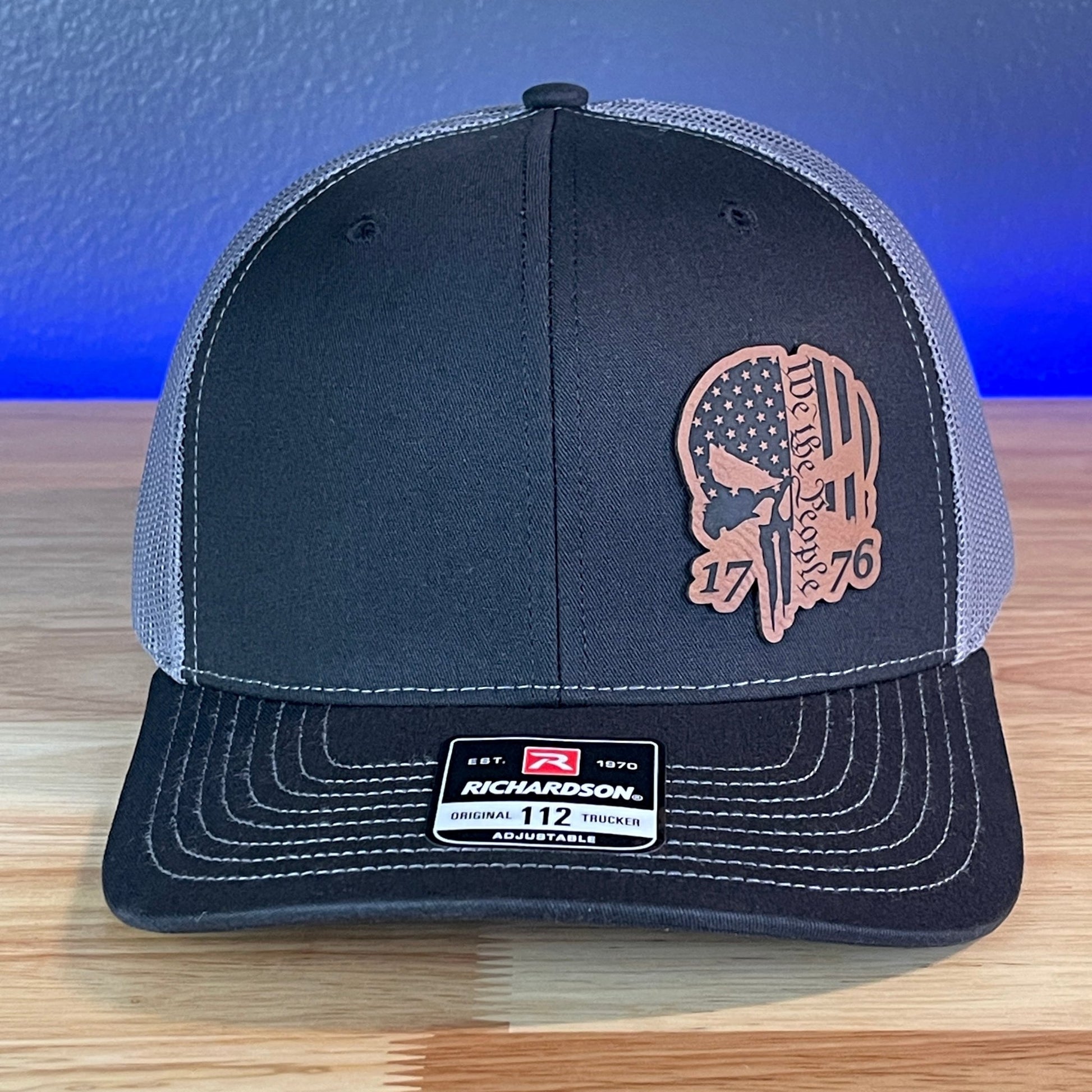 We The People Punisher Skull 1776 2A 2nd Amendment Flag Leather Patch Hat Black/Charcoal - Hollow Point Society - Patch Hat