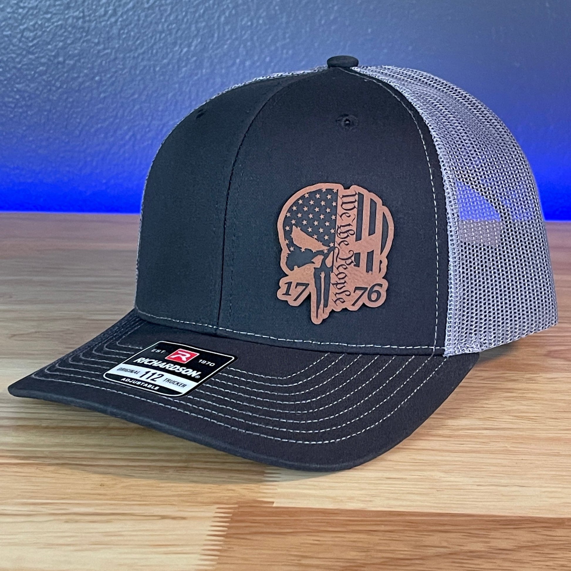 We The People Punisher Skull 1776 2A 2nd Amendment Flag Leather Patch Hat Black/Charcoal - Hollow Point Society - Patch Hat