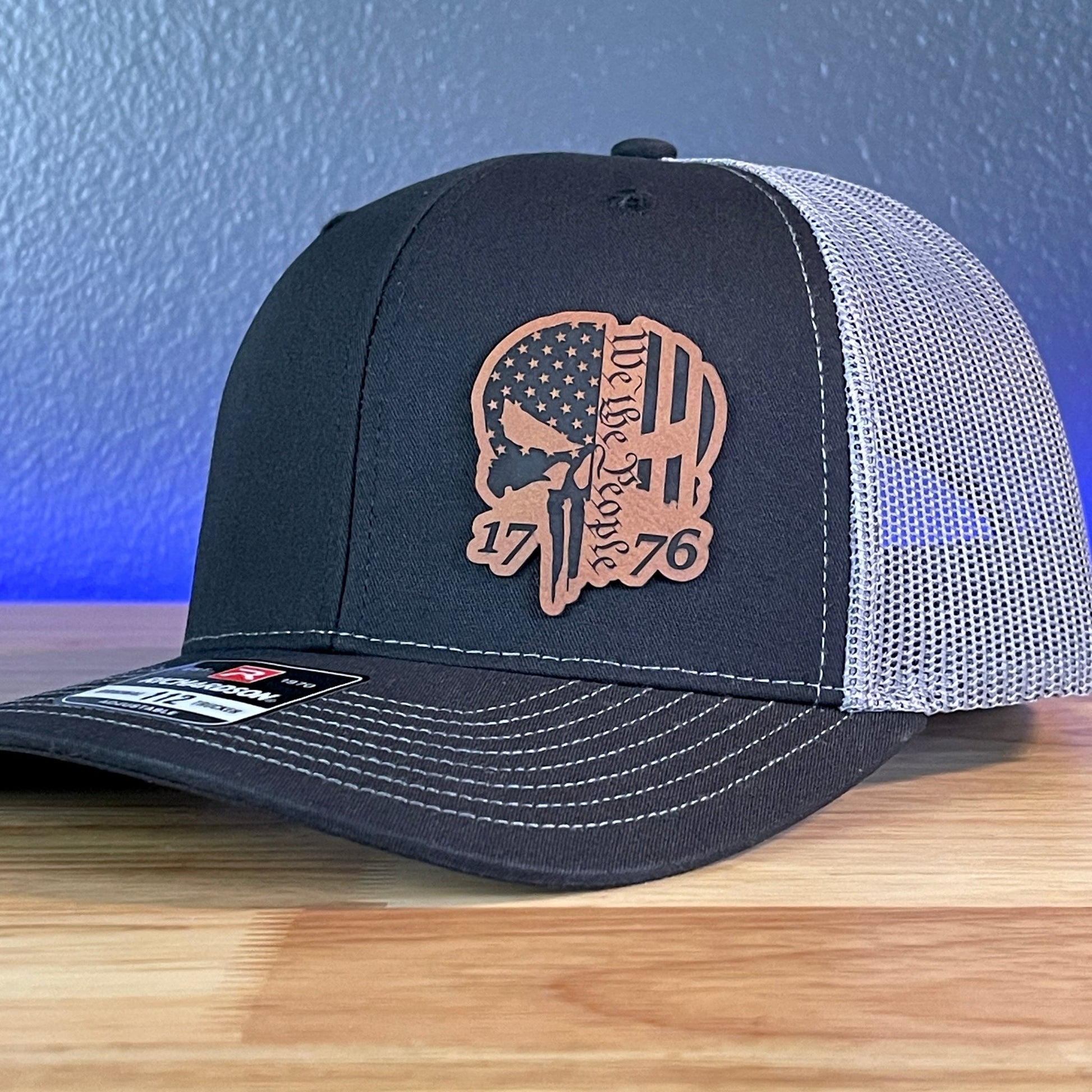 We The People Punisher Skull 1776 2A 2nd Amendment Flag Leather Patch Hat Black/Charcoal - Hollow Point Society - Patch Hat