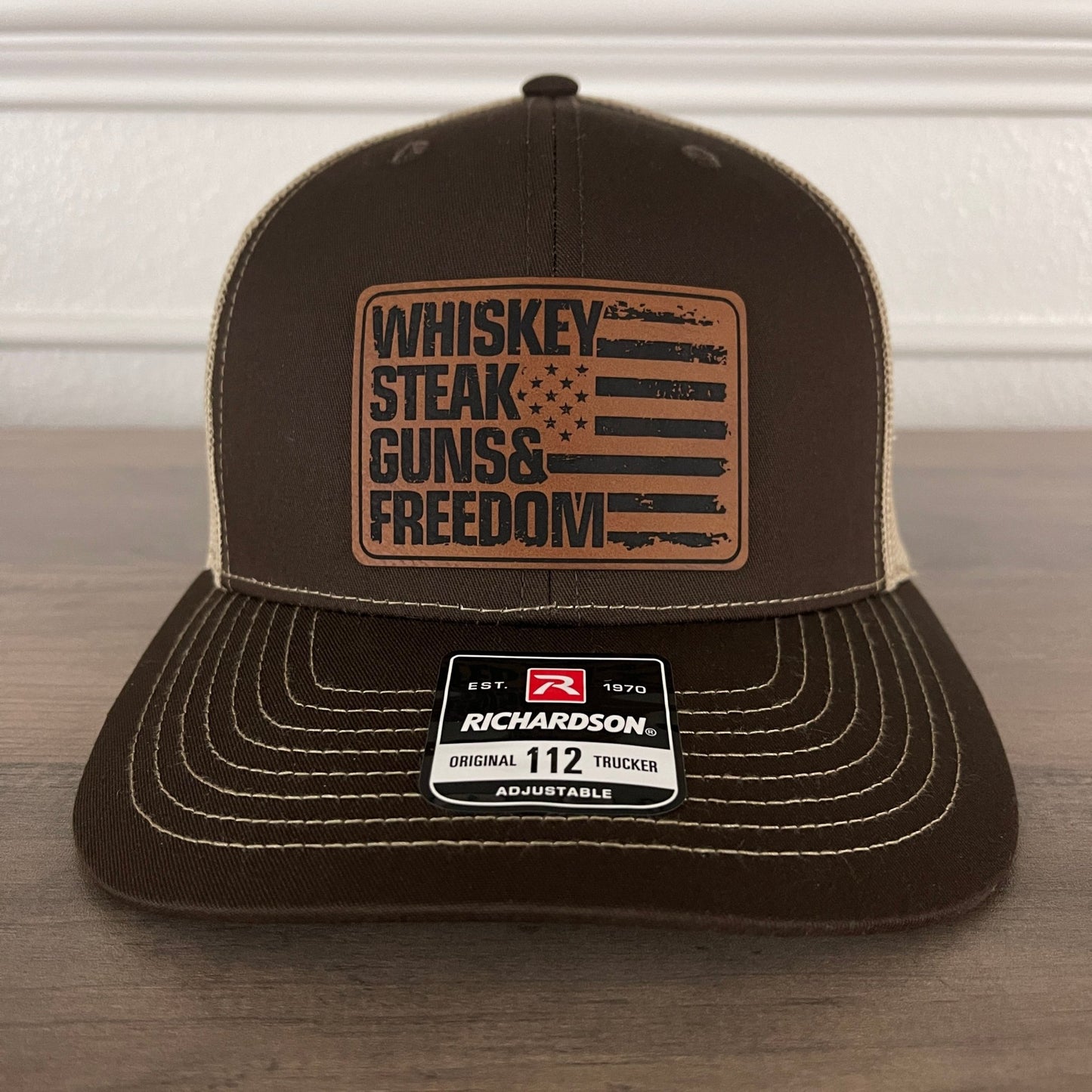 Whiskey, Steak, Guns And Freedom American Flag Leather Patch Hat Brown - Hollow Point Society - Patch Hat