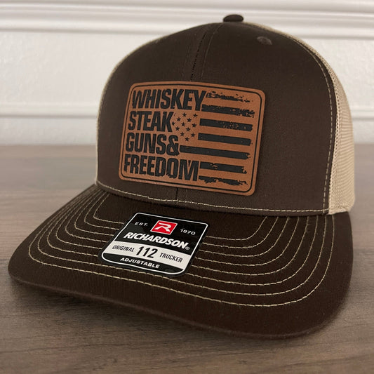 Whiskey, Steak, Guns And Freedom American Flag Leather Patch Hat Brown - Hollow Point Society - Patch Hat