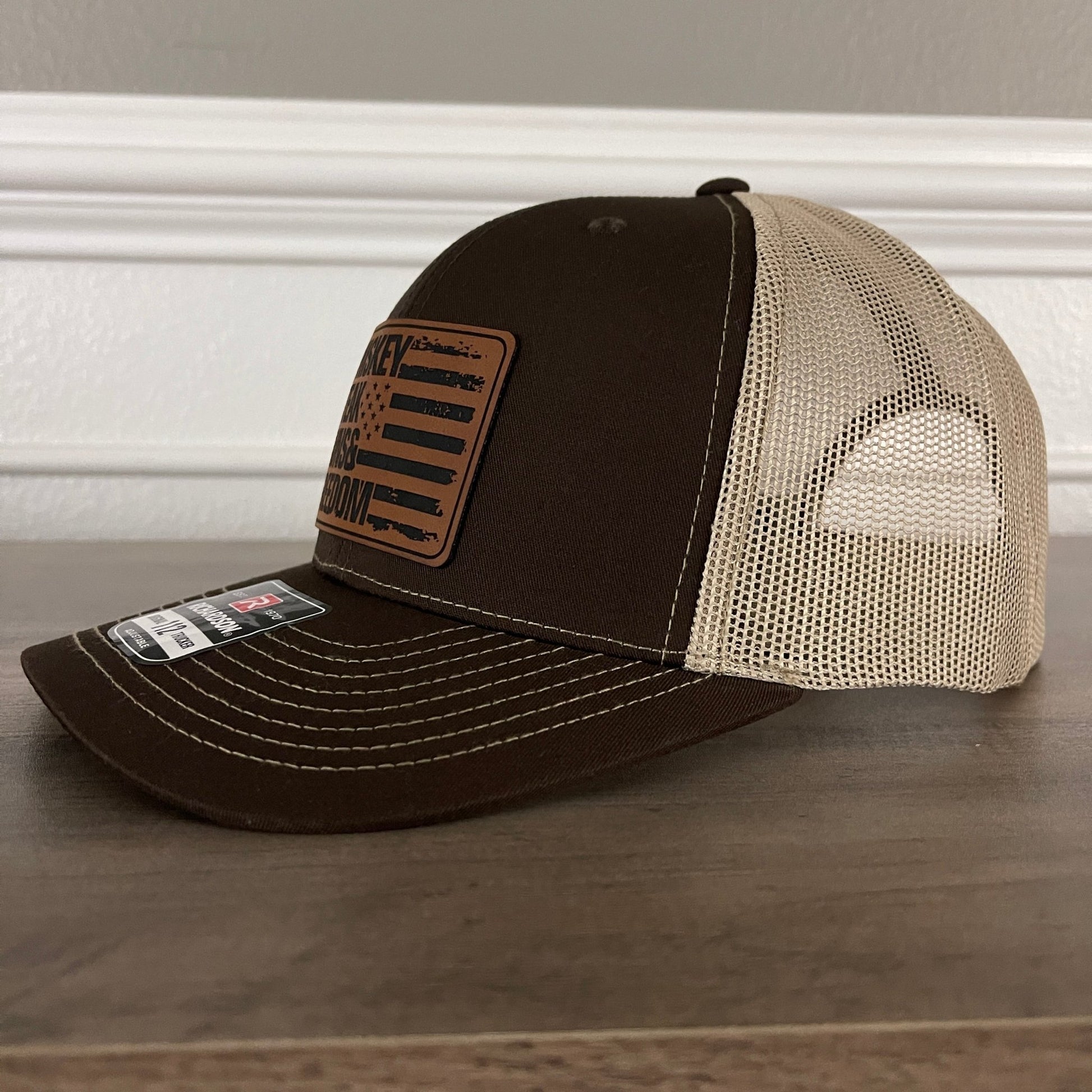 Whiskey, Steak, Guns And Freedom American Flag Leather Patch Hat Brown - Hollow Point Society - Patch Hat