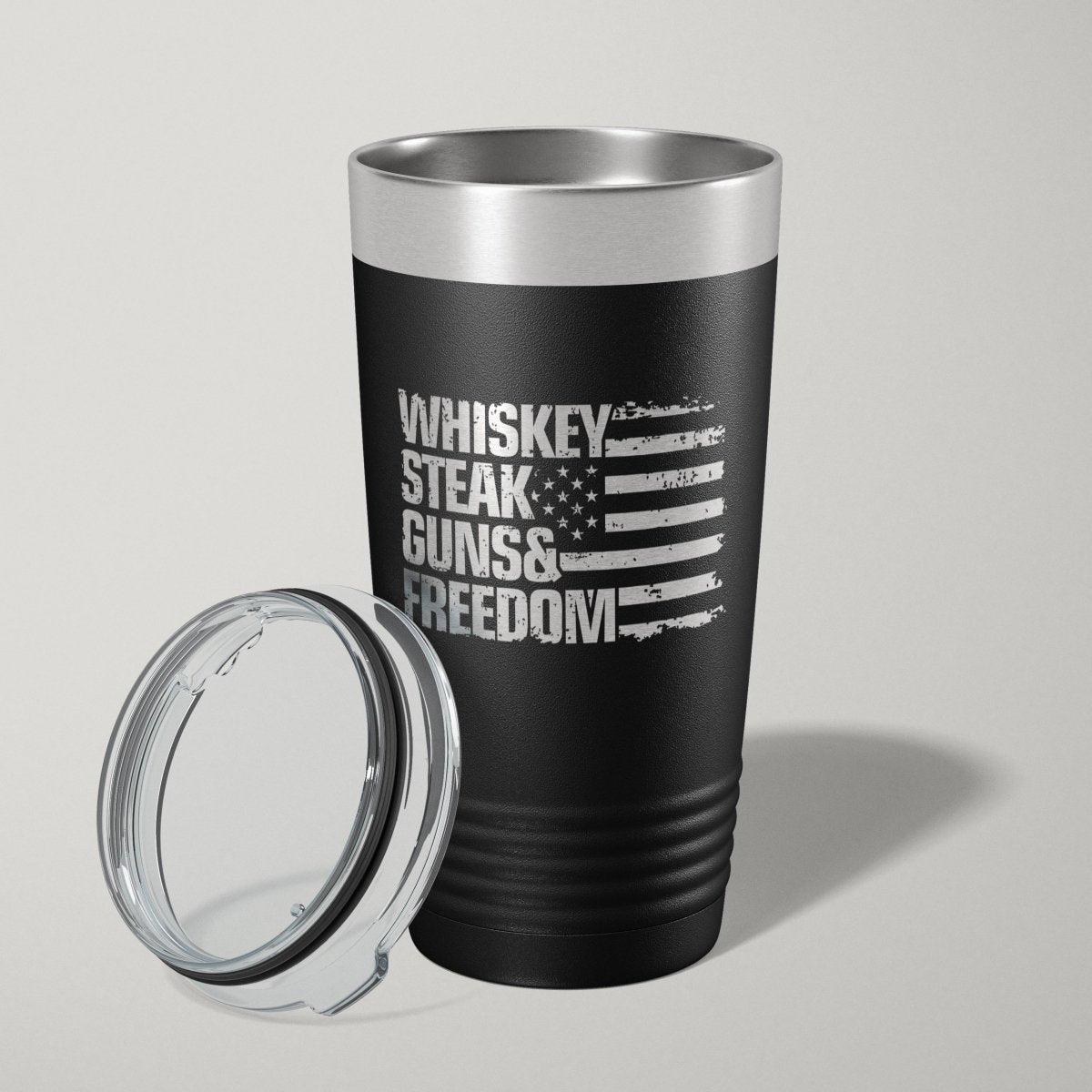 Whiskey Steak Guns And Freedom Flag 20oz Laser Engraved Tumbler Travel Mug - Hollow Point Society - Tumblers