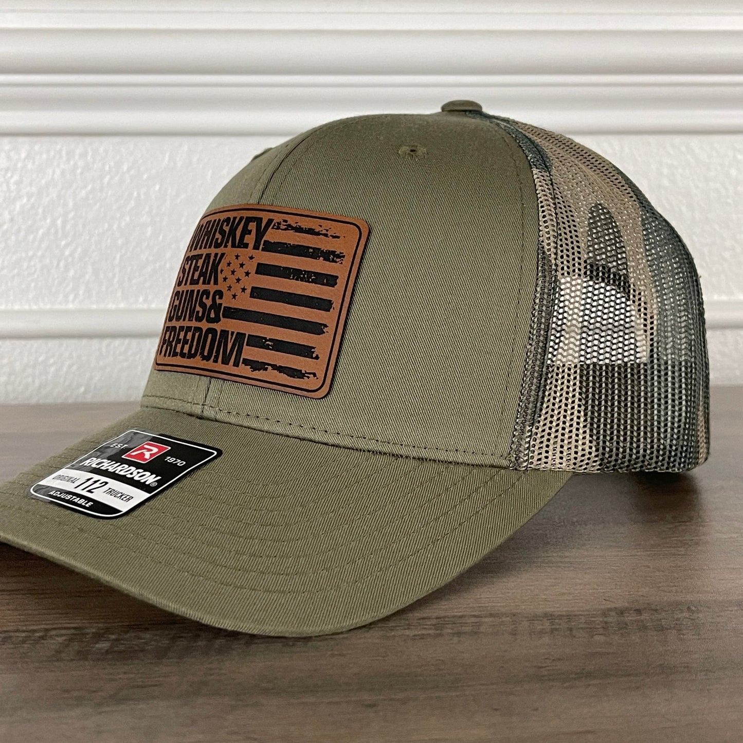 Whiskey Steak Guns & Freedom American Flag Patriotic 2A Leather Patch Hat Green/Camo - Hollow Point Society - Patch Hat