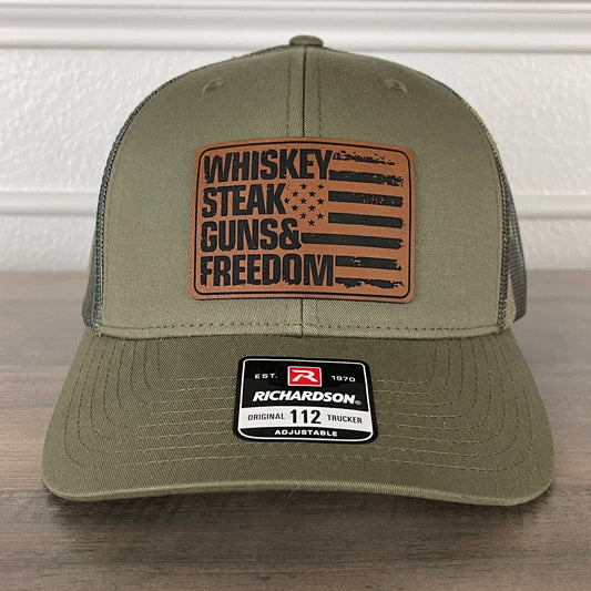 Whiskey Steak Guns & Freedom American Flag Patriotic 2A Leather Patch Hat Green/Camo - Hollow Point Society - Patch Hat