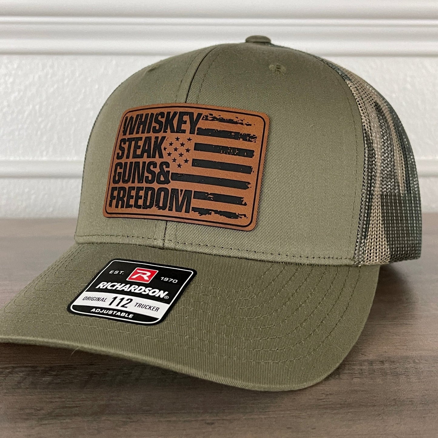 Whiskey Steak Guns & Freedom American Flag Patriotic 2A Leather Patch Hat Green/Camo - Hollow Point Society - Patch Hat