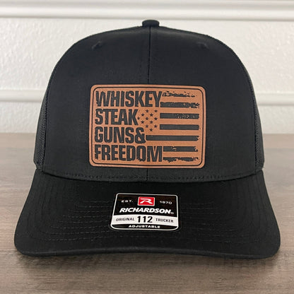 WHISKEY STEAK GUNS & FREEDOM Flag Leather Patch Hat Black - Hollow Point Society - Patch Hat