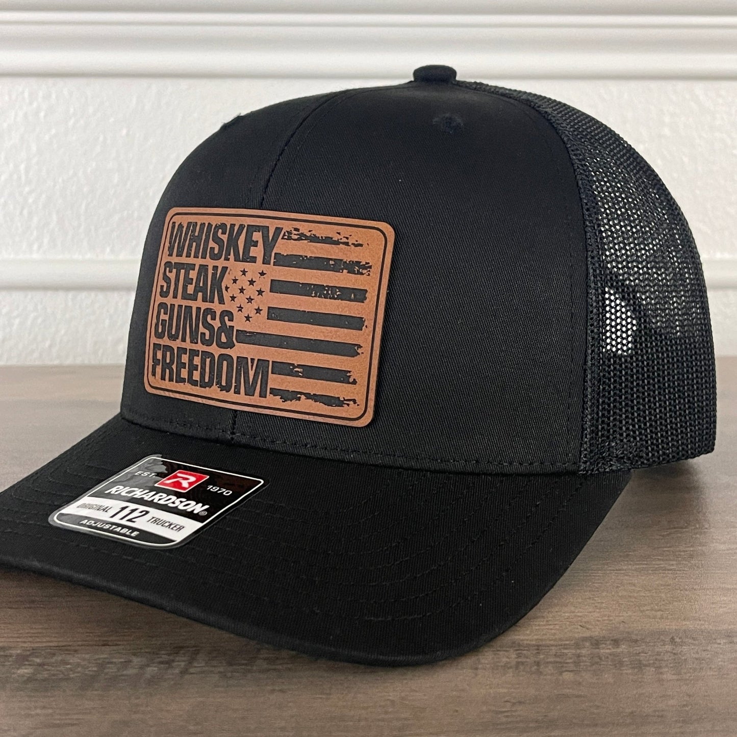 WHISKEY STEAK GUNS & FREEDOM Flag Leather Patch Hat Black - Hollow Point Society - Patch Hat