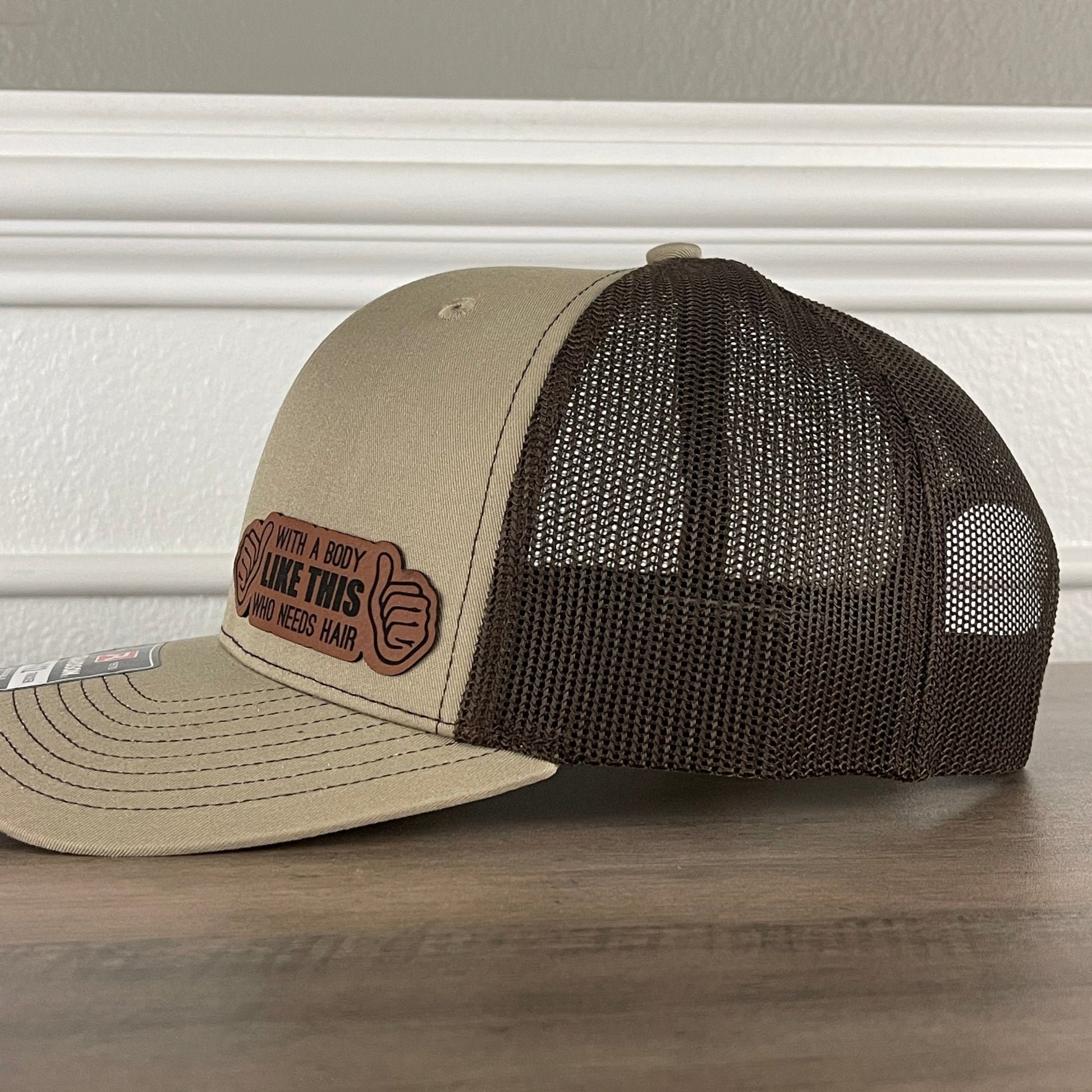 With A Body Like This Who Needs Hair? Bald Funny Leather Patch Hat Khaki/Brown - Hollow Point Society - Patch Hat