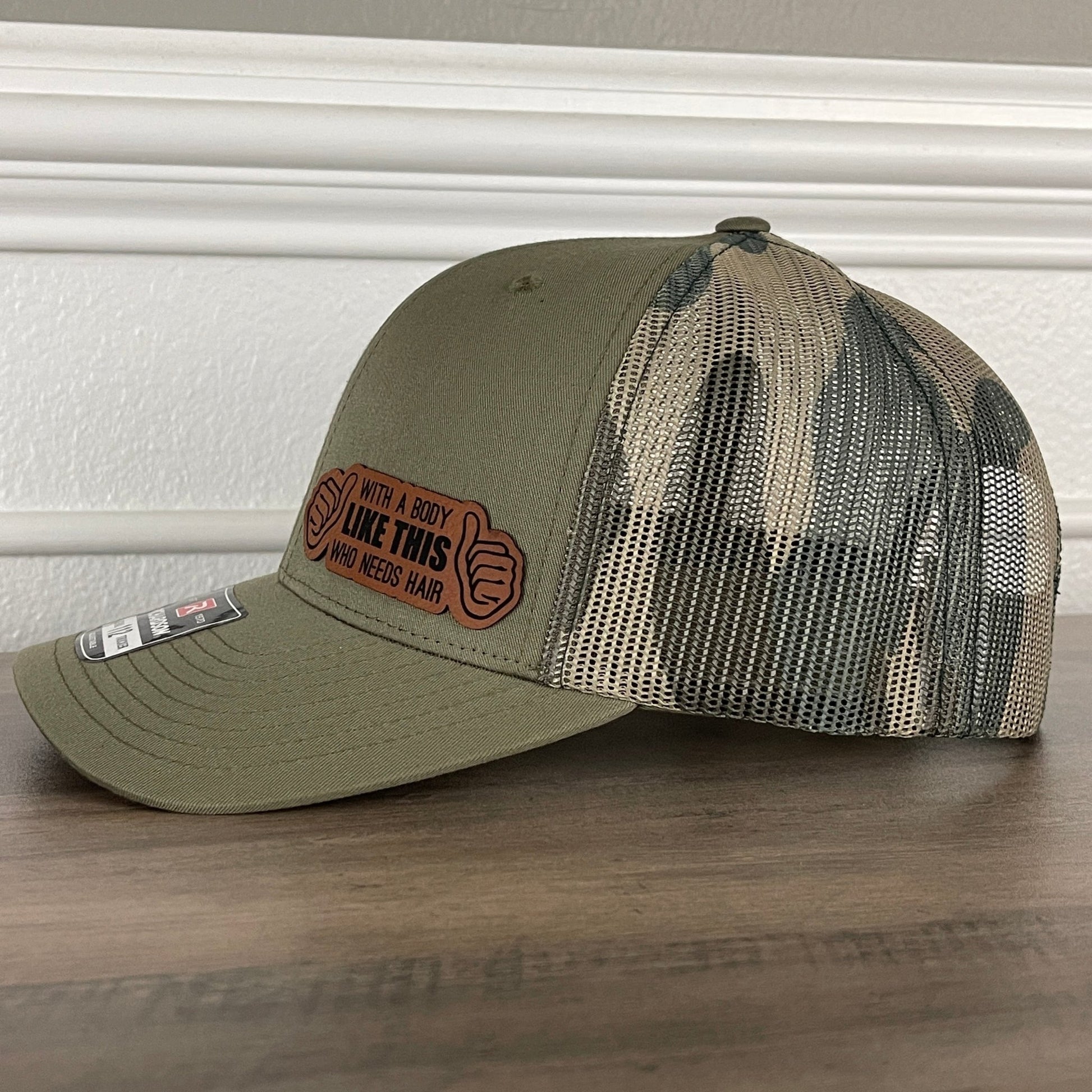 With A Body Like This Who Needs Hair Funny Leather Patch Hat Green/Camo - Hollow Point Society - Patch Hat