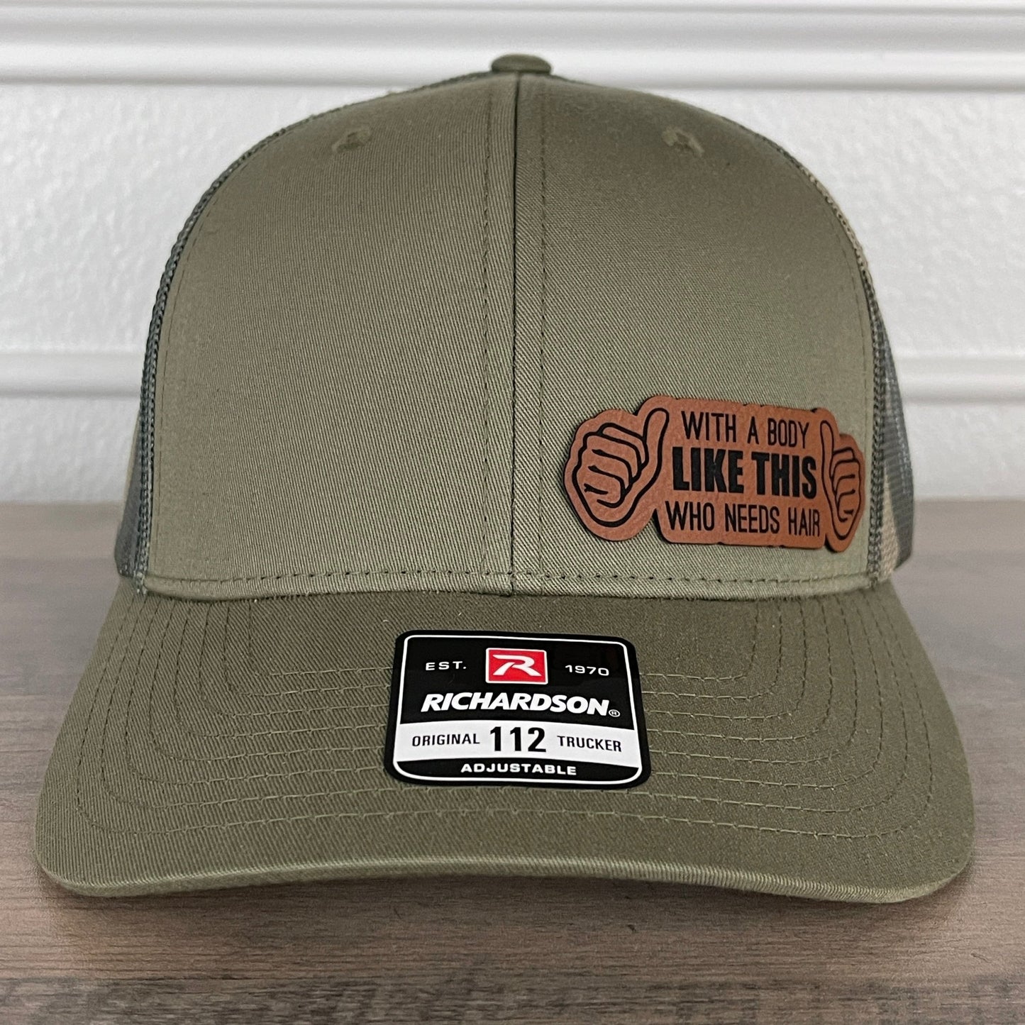 With A Body Like This Who Needs Hair Funny Leather Patch Hat Green/Camo - Hollow Point Society - Patch Hat