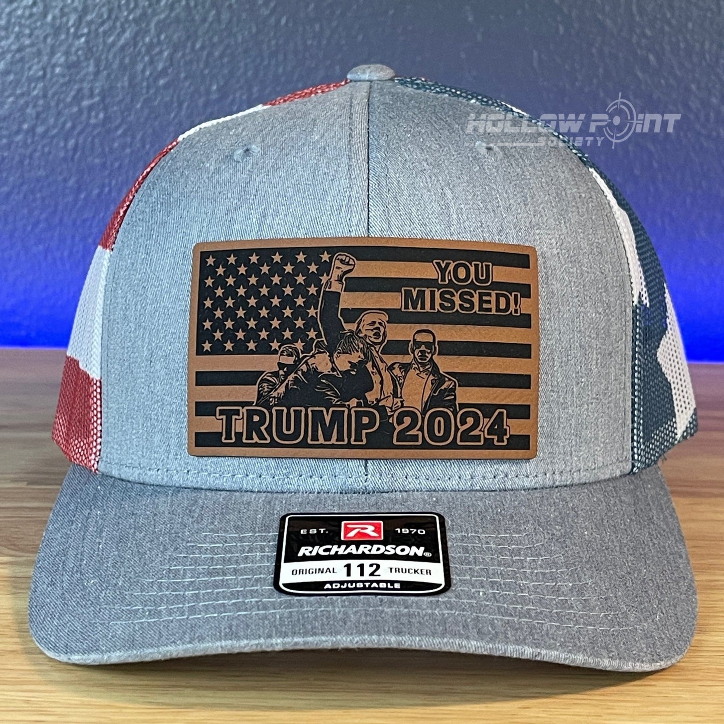 YOU MISSED Trump 2024 Flag Leather Patch SnapBack Trucker Hat Stars & Stripes - Hollow Point Society - Patch Hat