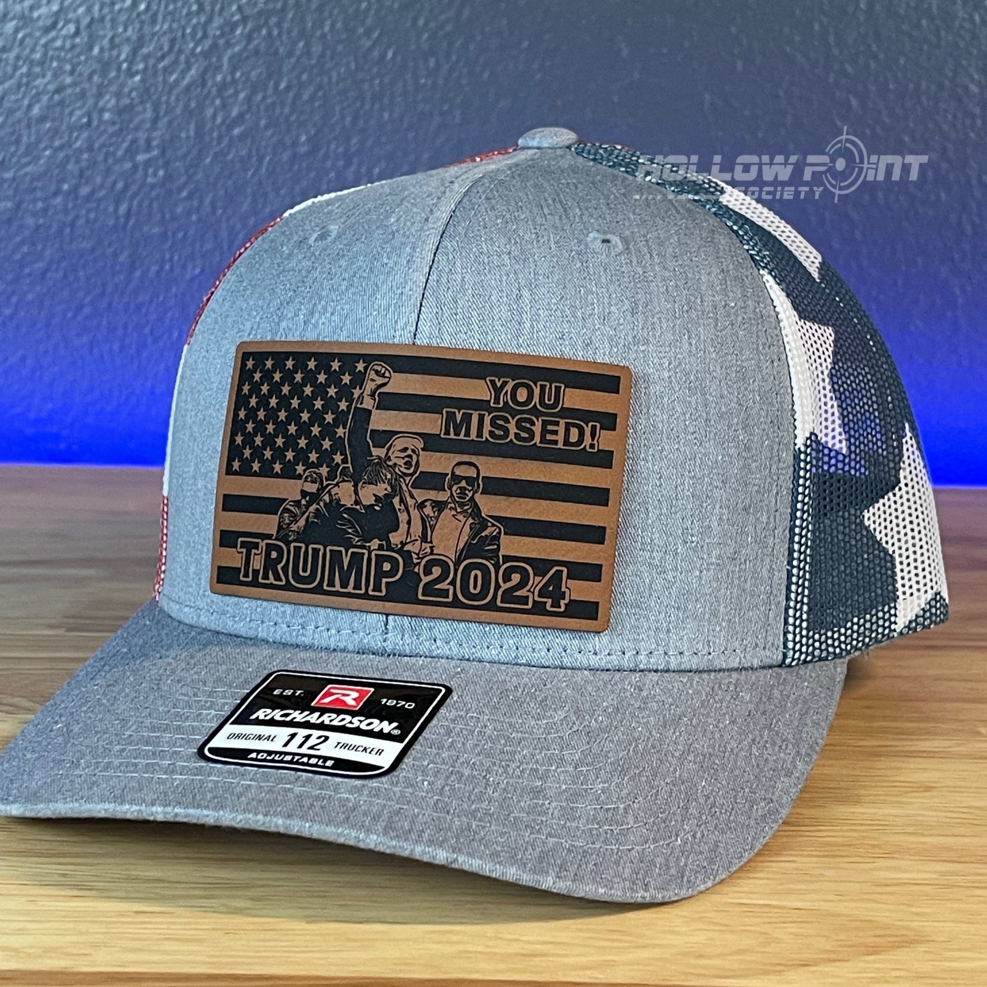 YOU MISSED Trump 2024 Flag Leather Patch SnapBack Trucker Hat Stars & Stripes - Hollow Point Society - Patch Hat